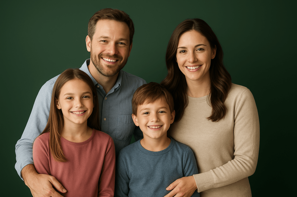 Smiling family of four in a forest-green background representing financial planning for families.